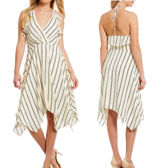 NWT H HALSTON Handkerchief Ruffled Halter  Pin Striped Midi Dress Womens 6🧡 - Picture 1 of 13